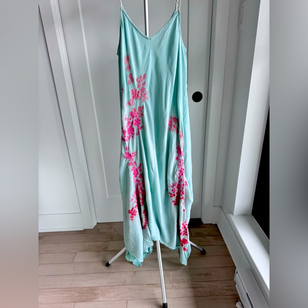Blue and pink embroidered summer dress
